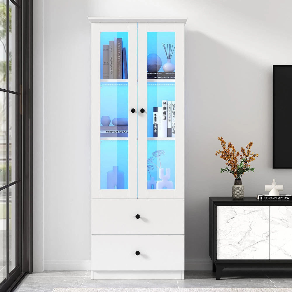 Vetrina moderna LED - Xylo - 165 cm - Bianco opaco - USB, telecomando 16 colori, vetro, 2 cassetti, ripiani regolabili, ante battenti