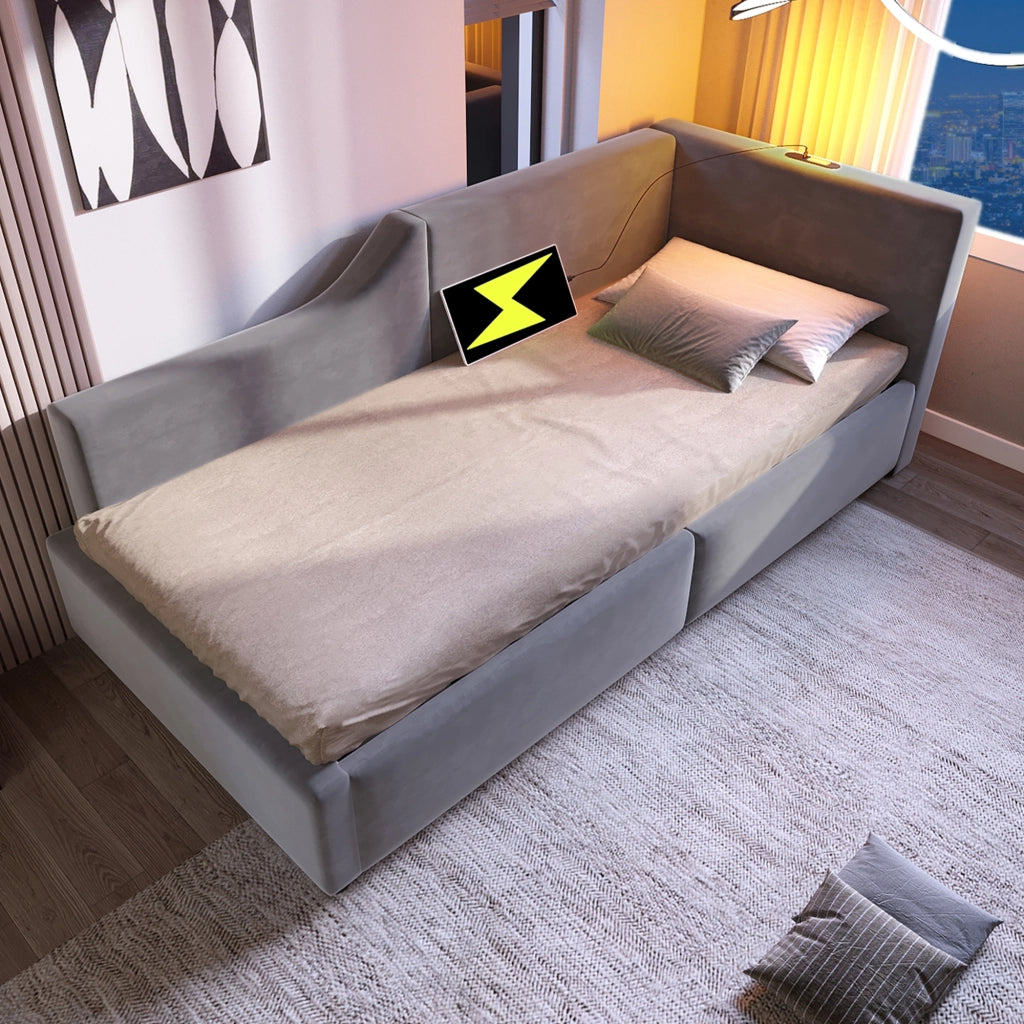 Letto con contenitore 90 × 200 cm con rete idraulica; lampada da lettura e porta USB-C in velluto grigio