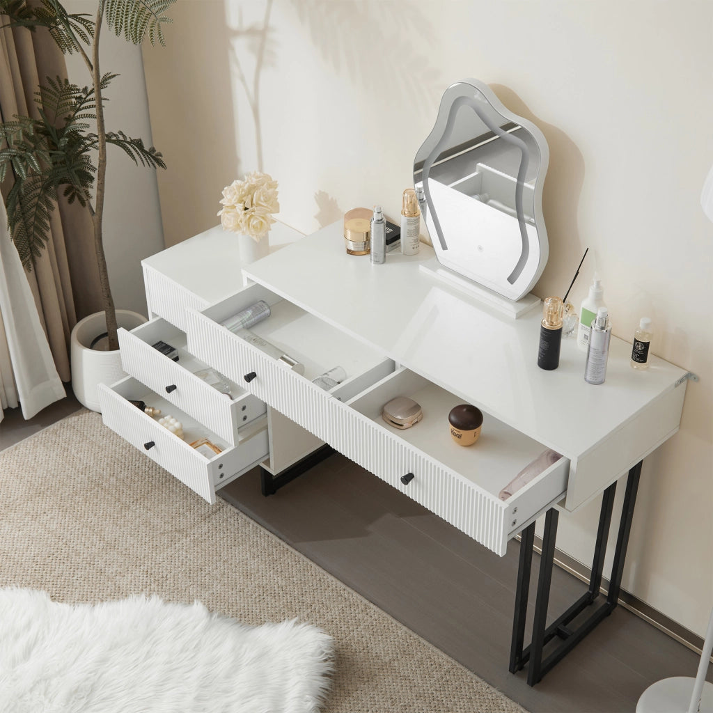 Toeletta con specchio LED e 5 cassetti; per camera da letto; 100×40×76 cm; bianca