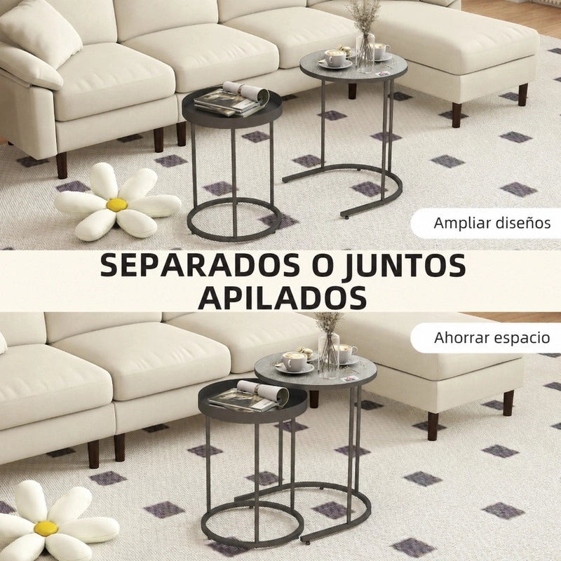 Set 2 tavolini da salotto rotondi impilabili in MDF e metallo grigio HOMVRA
