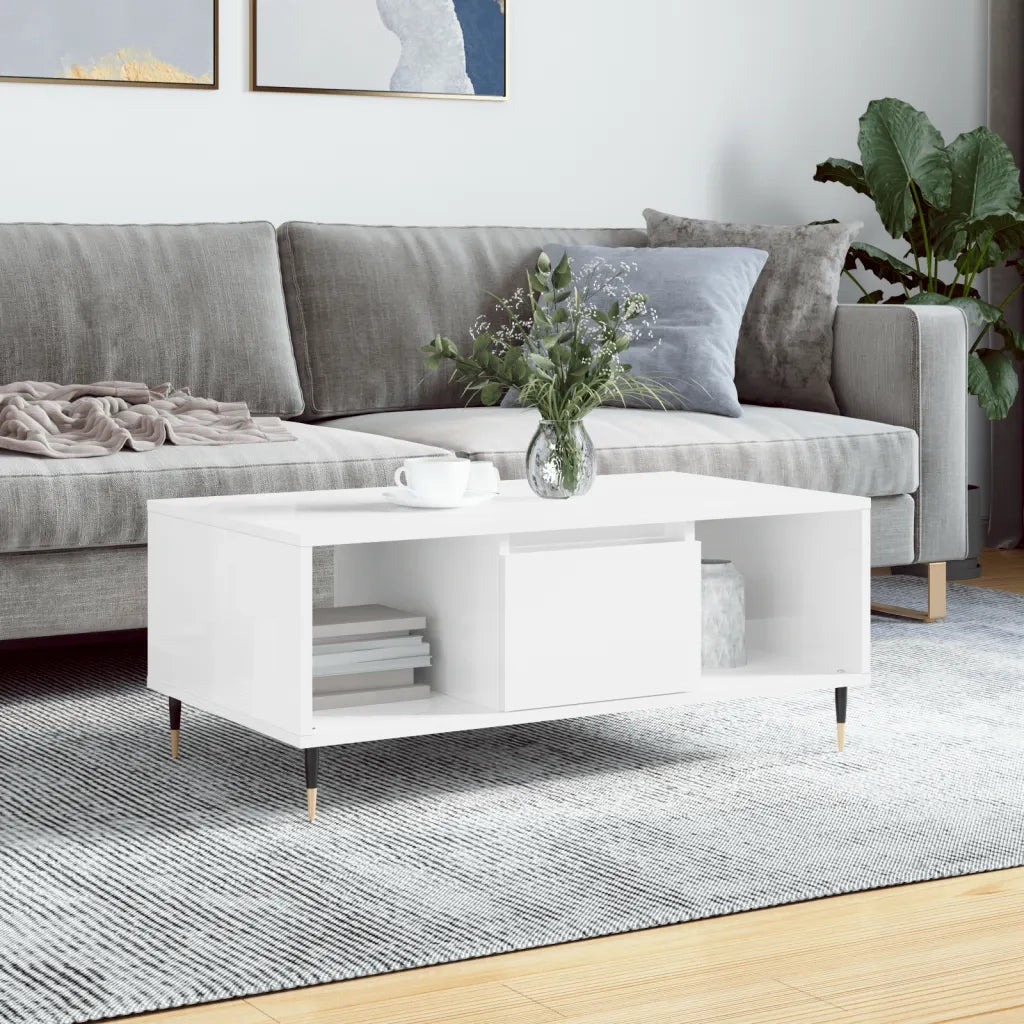 Tavolino salotto | Tavolino da caff¨¨ | Tavolino da Soggiorno Bianco Lucido 90x50x36,5 cm Legno Multistrato