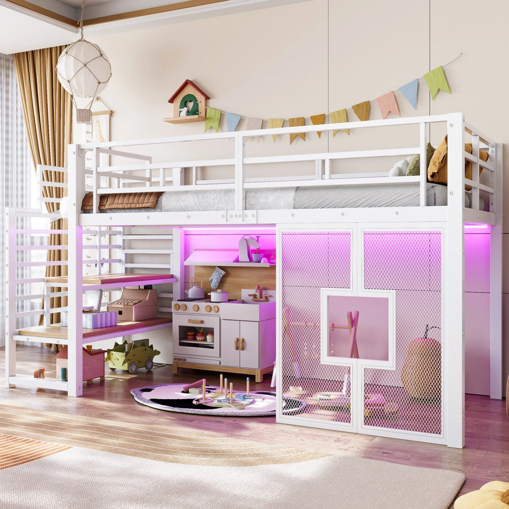 Letto a soppalco 90x200 cm in metallo e MDF con scala LED