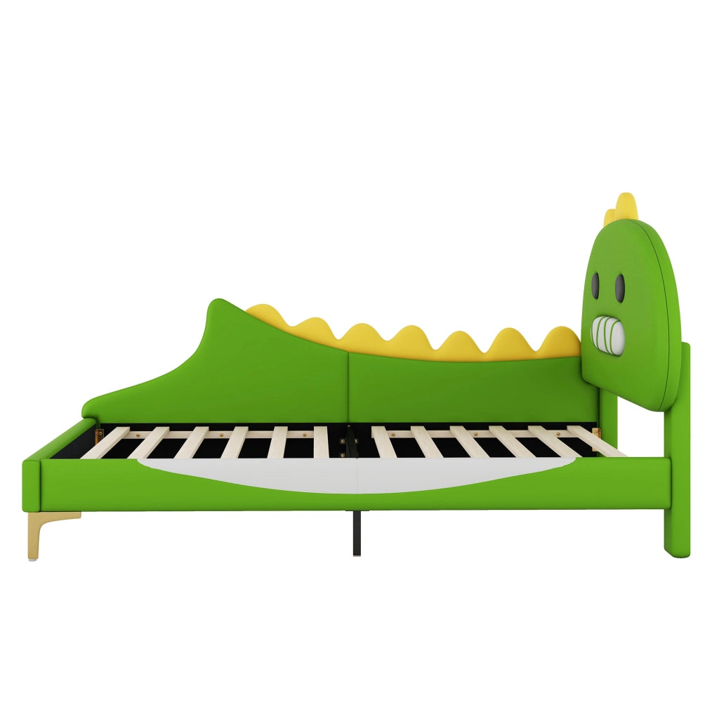 Letto per bambini 90 x 200 cm a forma di dinosauro dei cartoni animati, letto basso in PU - Verde