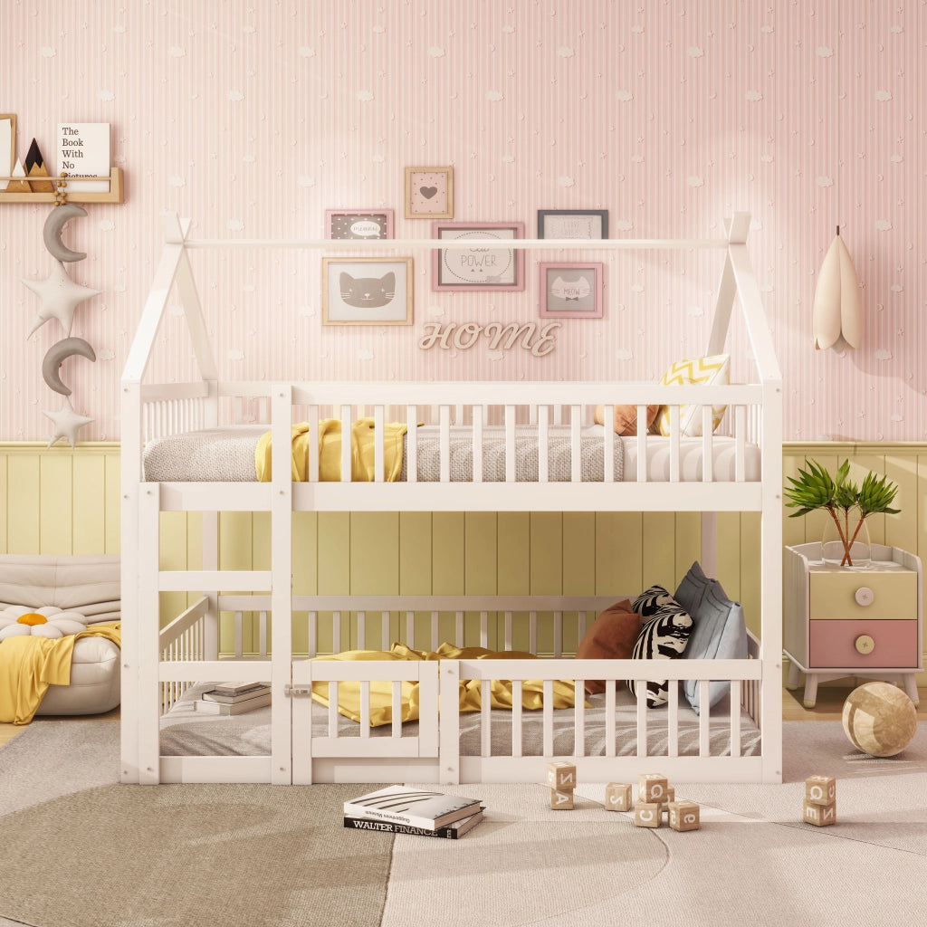 Letto a castello per bambini 140x200 cm con scala integrata, struttura in legno massello bianco e protezioni di sicurezza