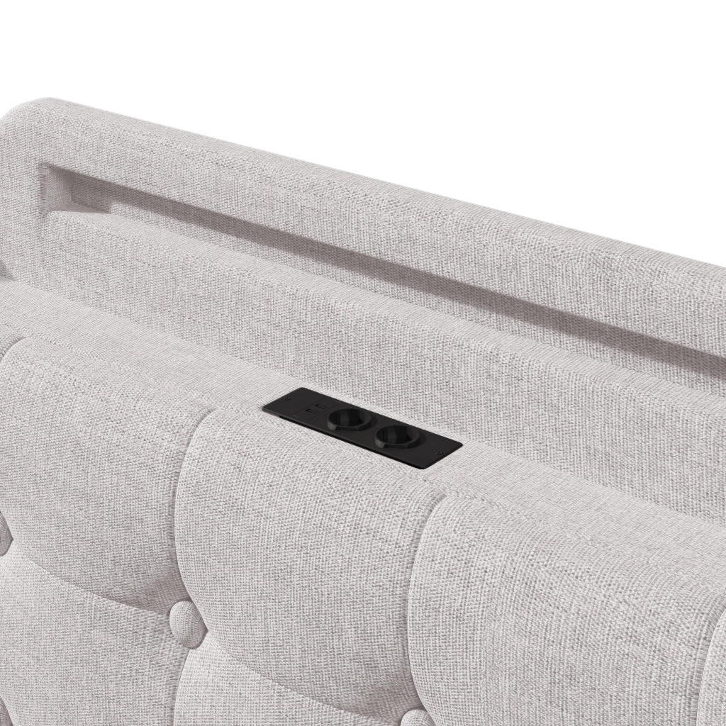 Letto matrimoniale 140 × 200 cm con contenitore idraulico, LED, USB e Type-C, senza materasso, in lino beige