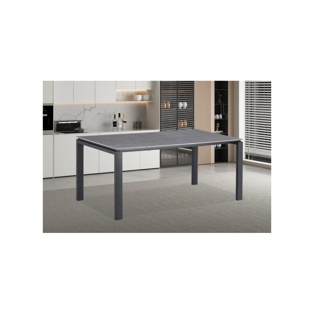 Tavolo da pranzo per 8 persone collezione ATHENA. Lunghezza 180cm con piano di 12mm in pietra grigia effetto cemento.