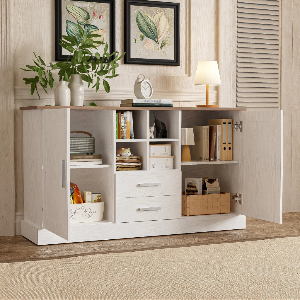 Credenza 140 x 40 x 79,5 cm, 2 ante + 2 cassetti + 4 nicchie, legno marrone e bianco, mobile cucina