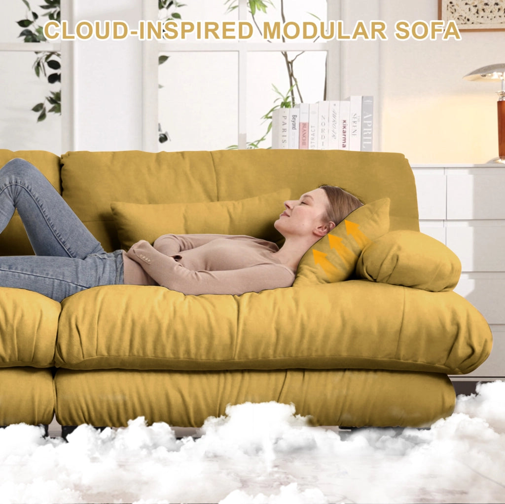Divano modulare angolare a U 4 posti in tessuto vintage Chenille giallo con pouf mobile