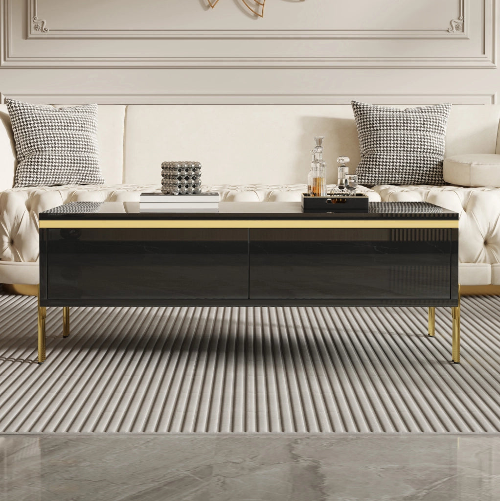 Tavolino da caffè moderno nero 100x50x36 cm in truciolare lucido con cassetti laterali