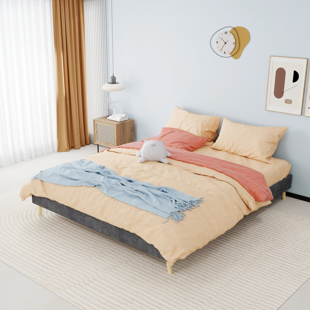 Letto 160 × 200 cm rivestito in tessuto grigio con rete a doghe e dettagli geometrici
