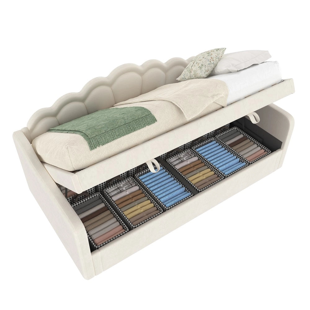 Letto Singolo Contenitore Imbottito con LED ¨C MINIMAL ¨C Velluto Beige 90x200