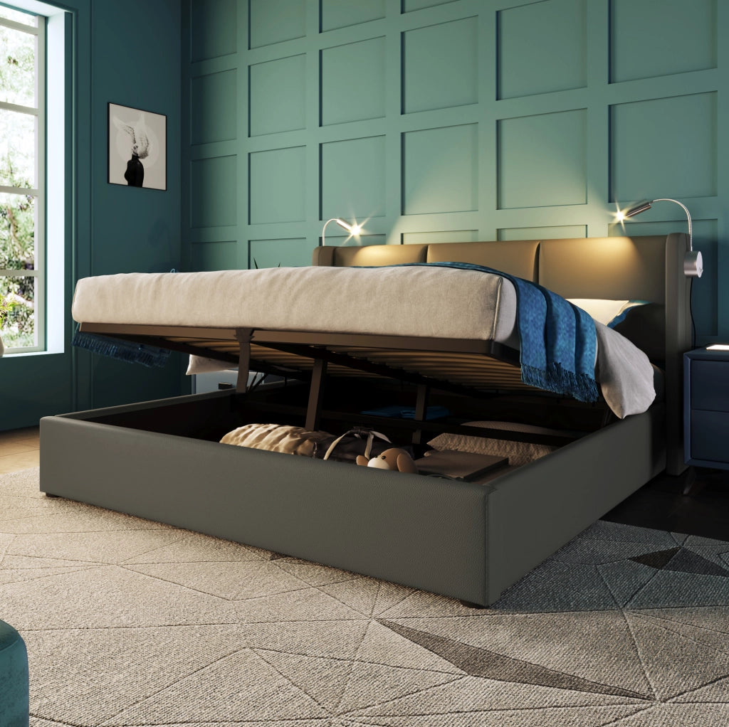 Letto matrimoniale 160x200 cm imbottito in PU grigio con contenitore; luce lettura e USB