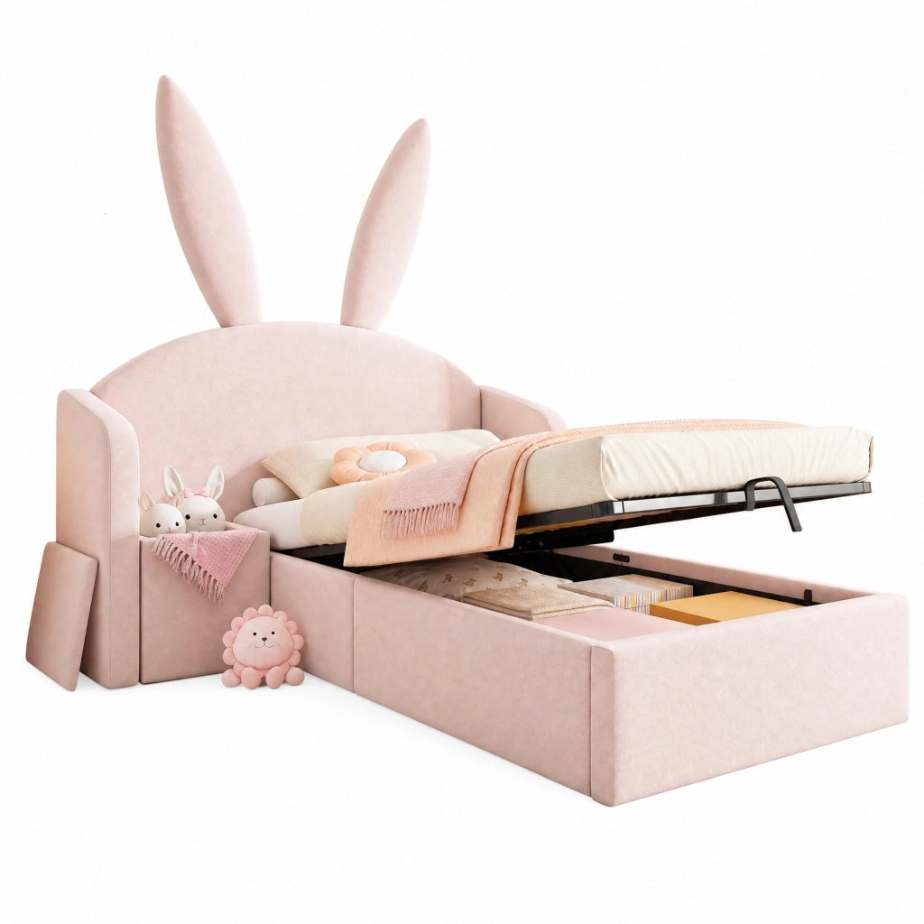 Letto imbottito per bambini 90x200 cm in velluto rosa con contenitore e comodino