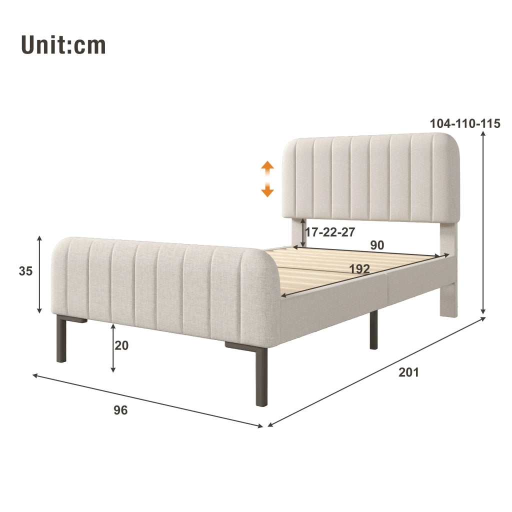 Letto imbottito 90 x 190 cm; letto singolo con rete a doghe; testiera regolabile; struttura in legno; rivestimento in lino; grigio-beige chiaro