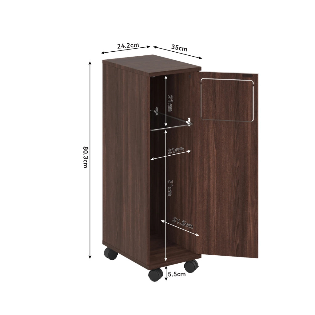 Mobile porta rifiuti 1 anta, armadio cucina scorrevole in noce lucido con ruote nere, per cucina e sala da pranzo, 24,2x35,1x80,2 cm