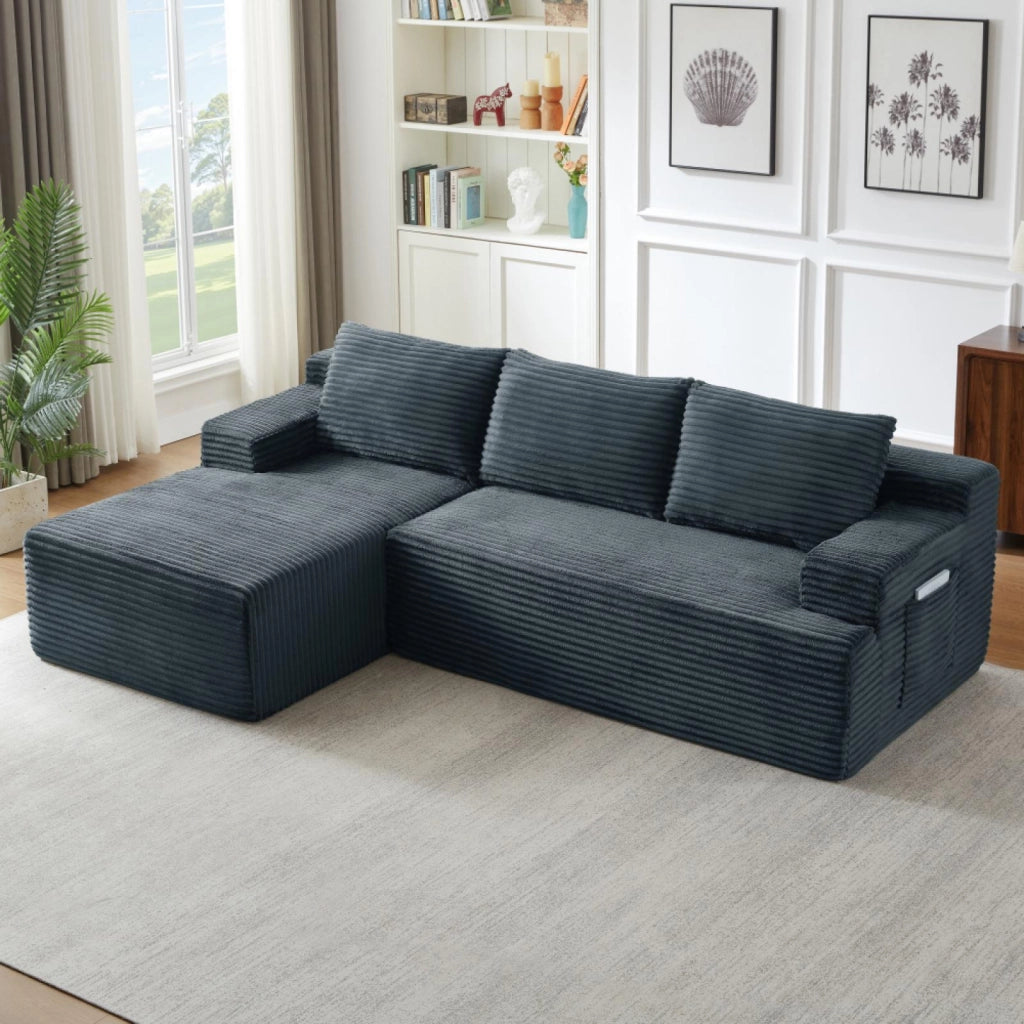Divano a L, divano senza struttura, divano letto modulare, seduta profonda e confortevole, grigio scuro