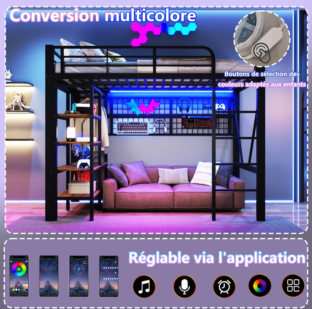 Letto a soppalco 90 x 200 cm con struttura in ferro, rete appendiabiti, LED regolabile, ripiano portaoggetti, senza materasso, nero