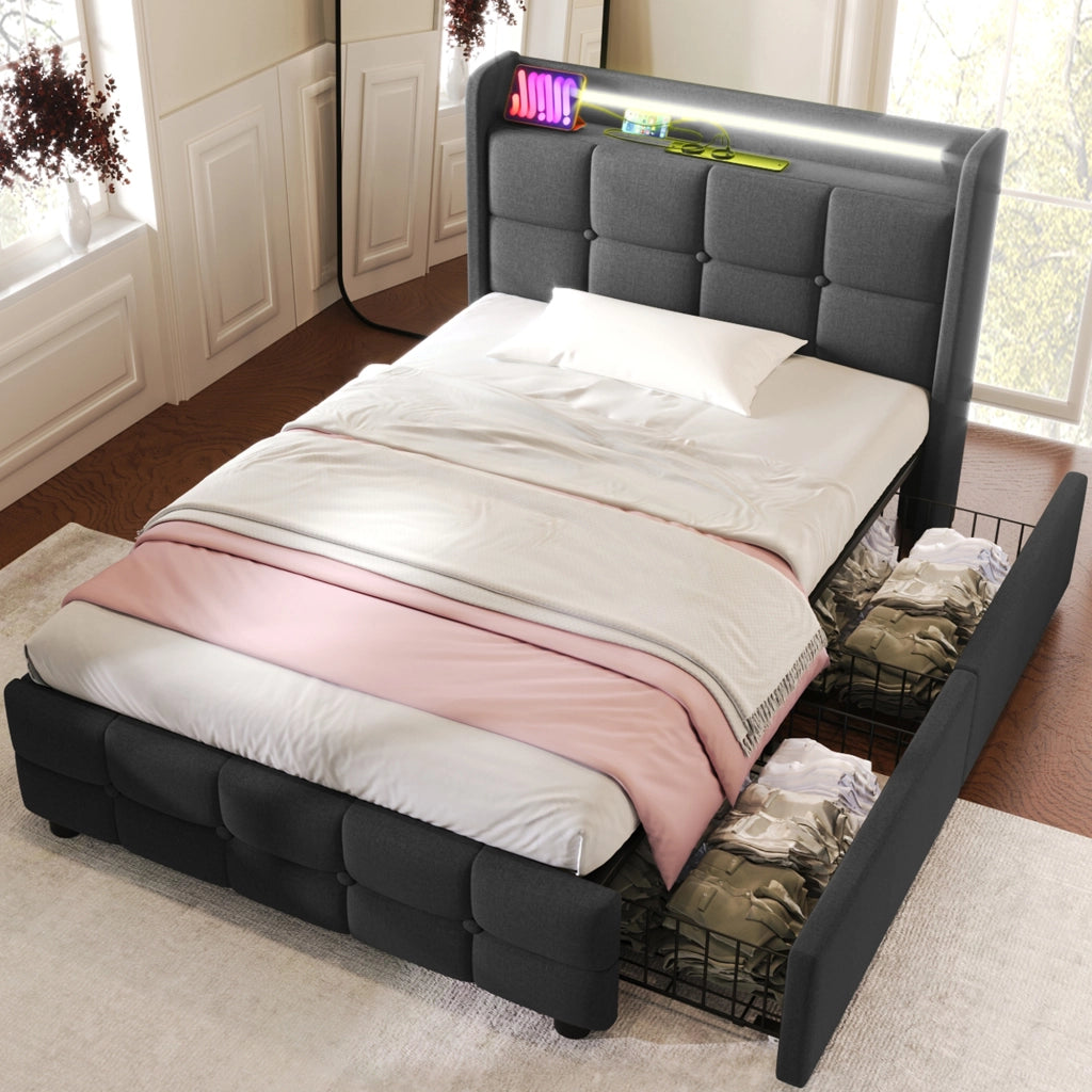 Letto con cassetti 90 × 200 cm con LED prese USB e due cassetti laterali struttura in metallo grigio