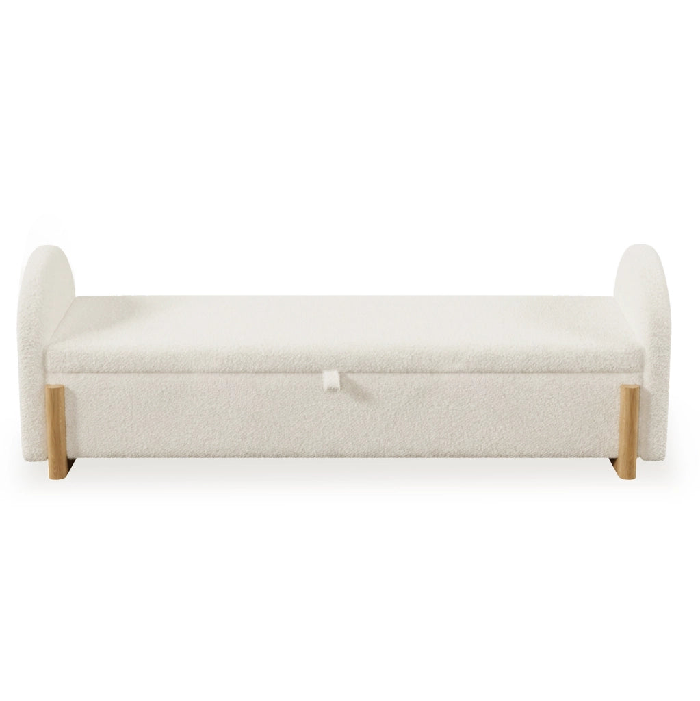 Panca con contenitore idraulico 146x47x61 cm in tessuto bouclé bianco con gambe a U in legno di gomma