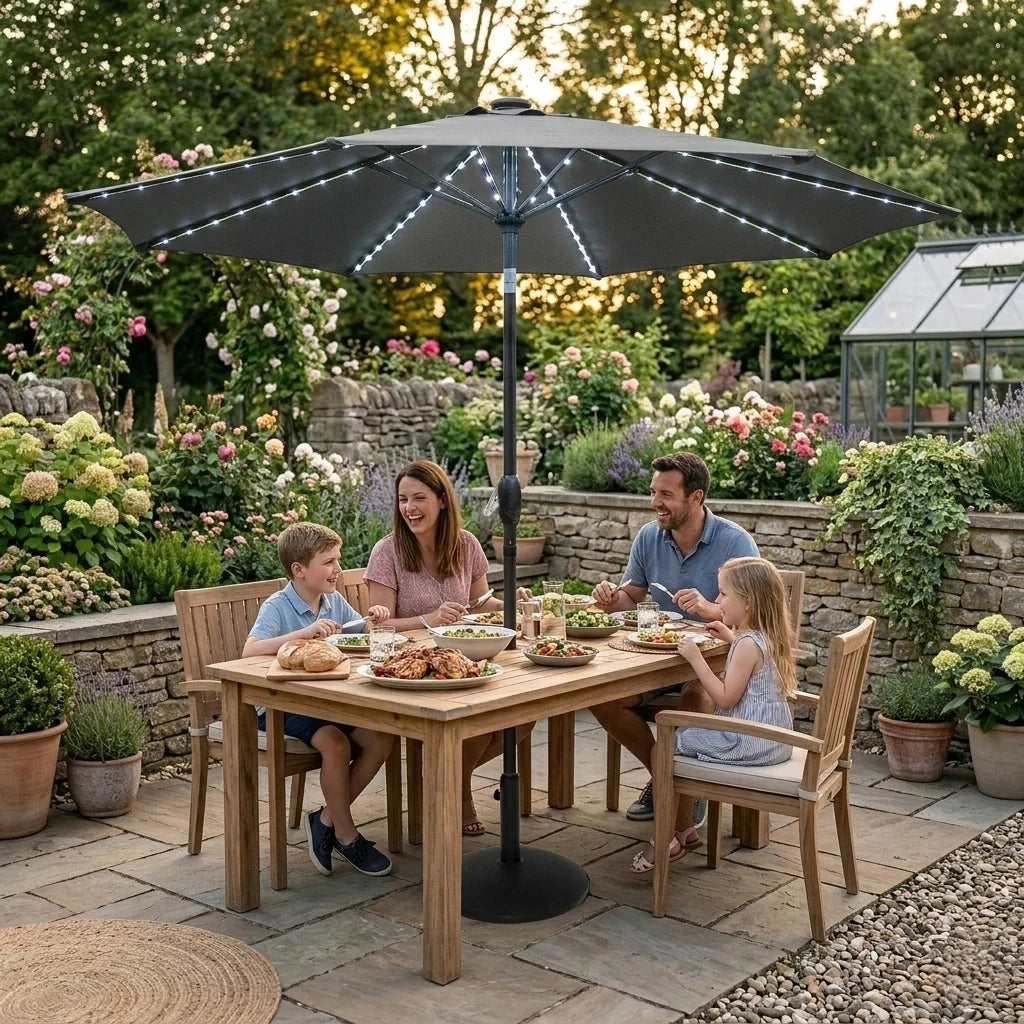Ombrellone LED Inclinabile 2,7m Grigio da Giardino con Luci Solari