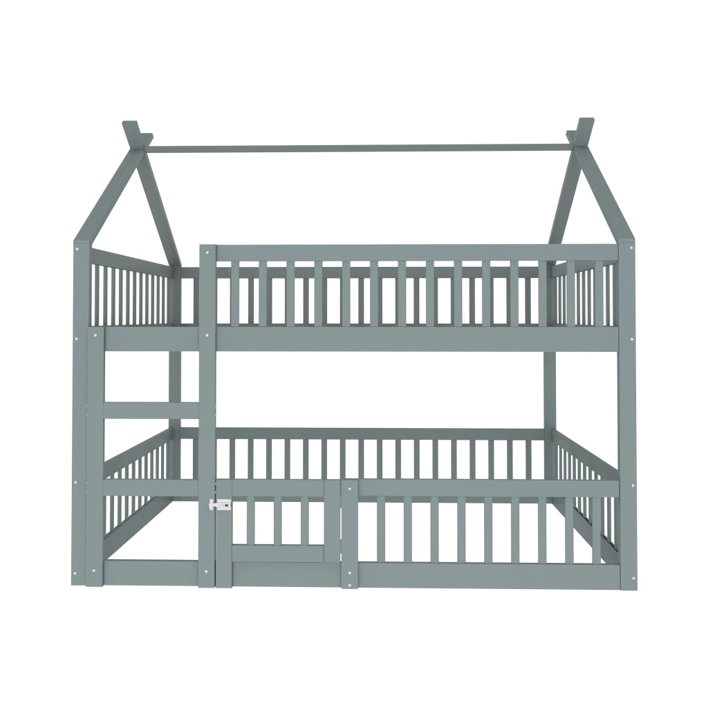 Letto a castello per bambini 140 × 200 cm con scala in legno grigio porta apribile e sponde alte