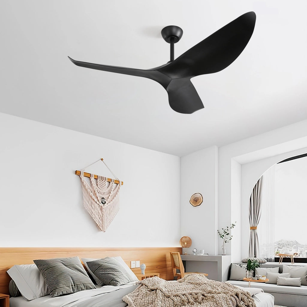 Ventilatore da soffitto 132 cm senza luce con telecomando 6 velocità motore DC reversibile 3 pale ABS nero per interni