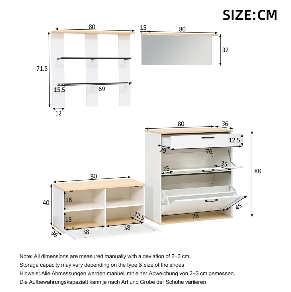 Set guardaroba modulare con specchio e panca porta scarpe bianco e legno 156x36x176 cm