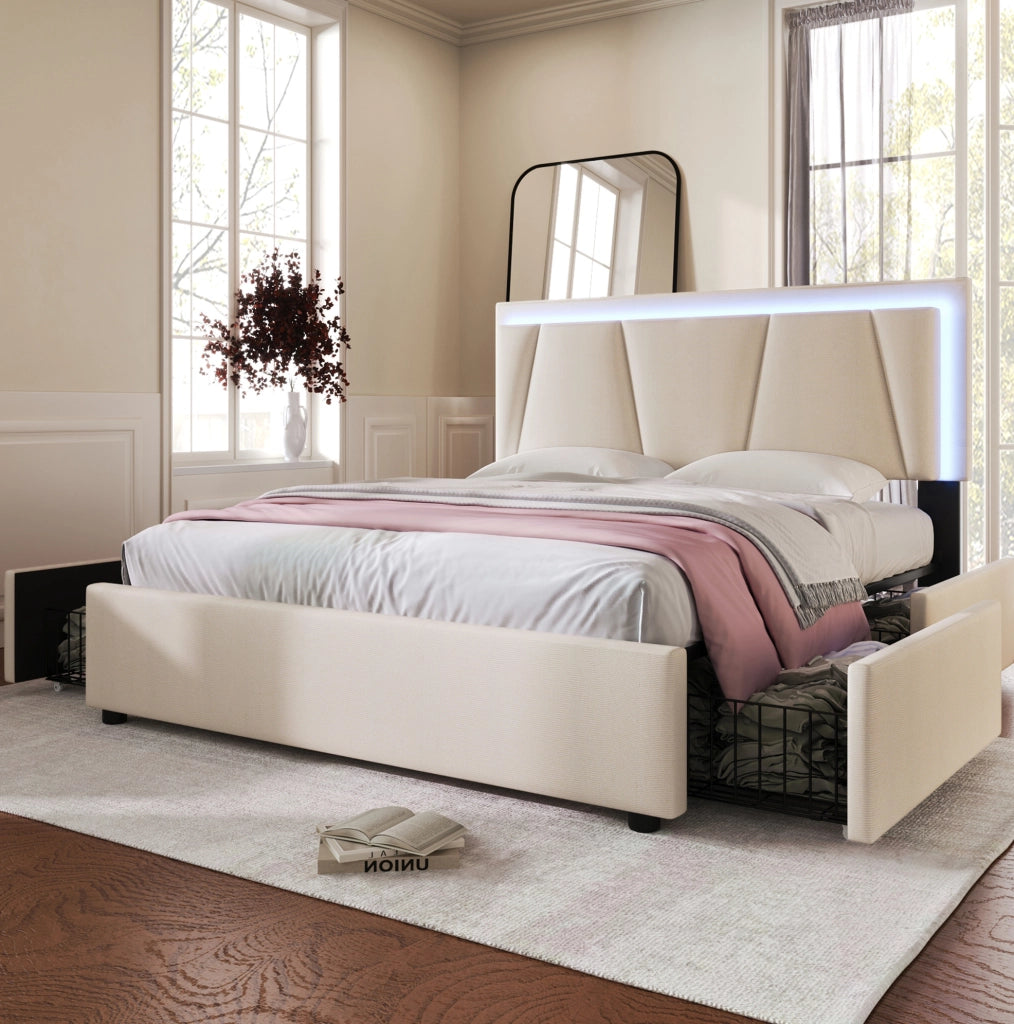 Letto matrimoniale imbottito 140x200 cm con illuminazione LED, 4 cassetti e testiera regolabile in altezza, beige