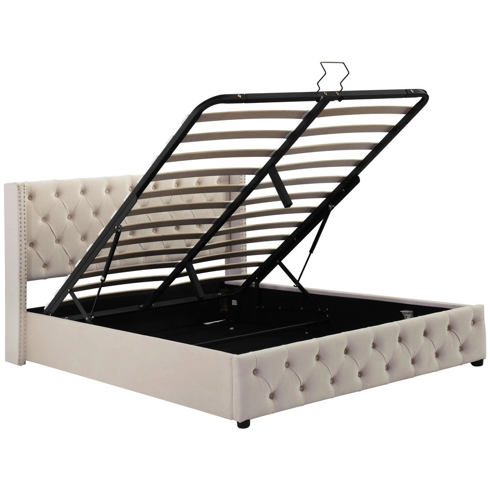 Letto Imbottito Matrimoniale ¨C MINIMAL ¨C Velluto Nero Beige 140x190 Idraulico con Rivetti