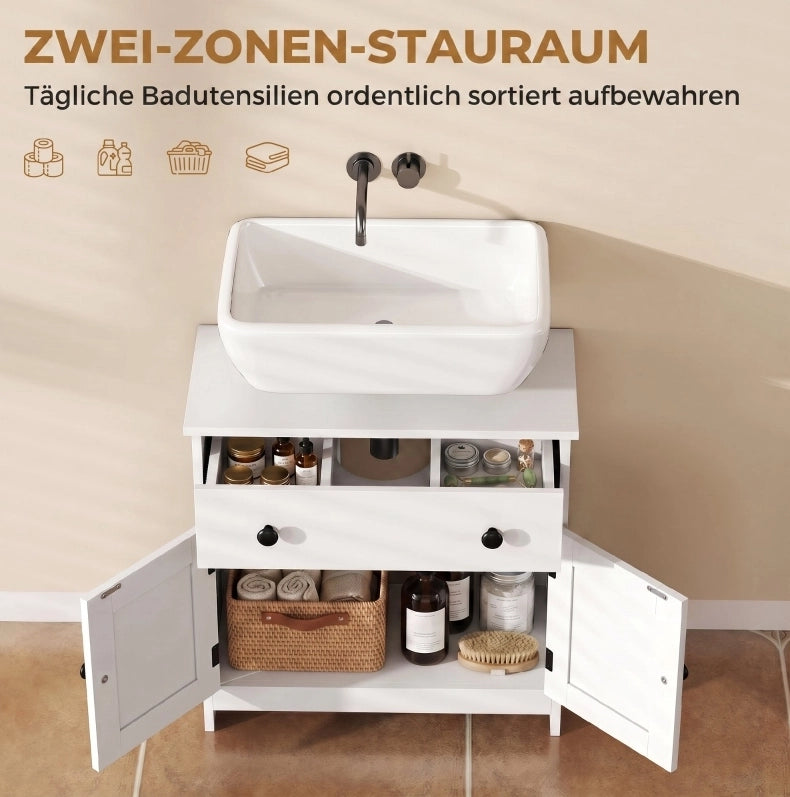 Mobile per lavabo bianco con ante a doghe, cassetto e chiusura soft, larghezza 60 cm
