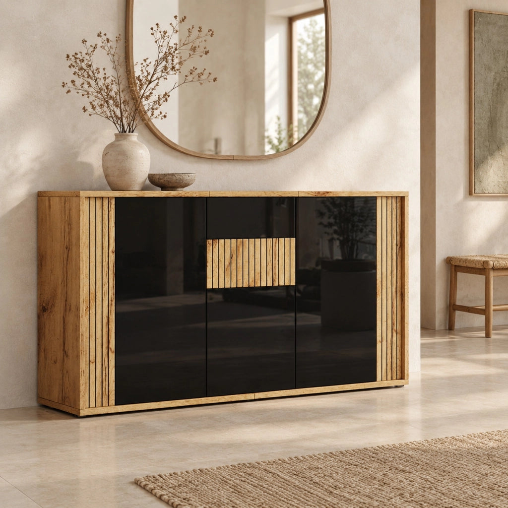 Madia 140x35x71 cm a 3 ante push-to-open nera e legno naturale HAVRYA