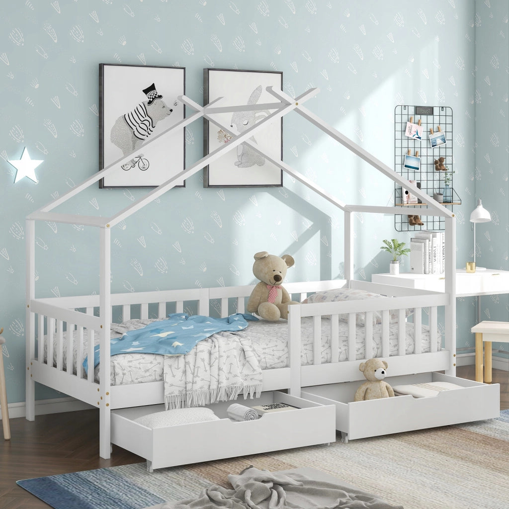 Letto singolo per bambini - Xylo - 200x90 - Bianco - Con 2 cassetti