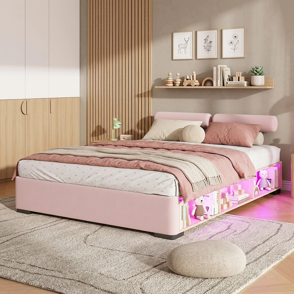 Letto imbottito per bambini in velluto 140 x 200 cm, letto matrimoniale con LED, ripiano laterale, testiera modulare e rete a doghe, rosa