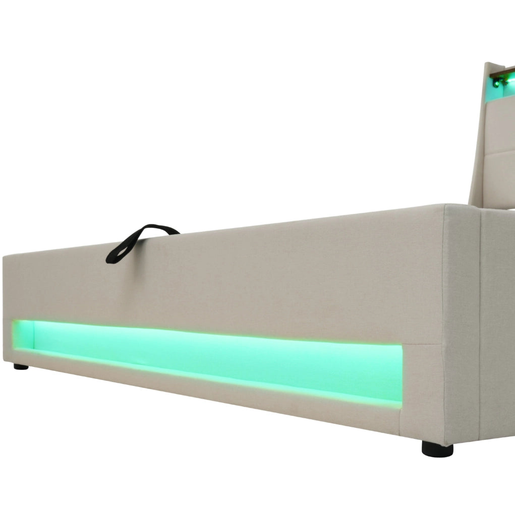 Letto imbottito 140x200 cm con LED; USB e contenitore; beige chiaro
