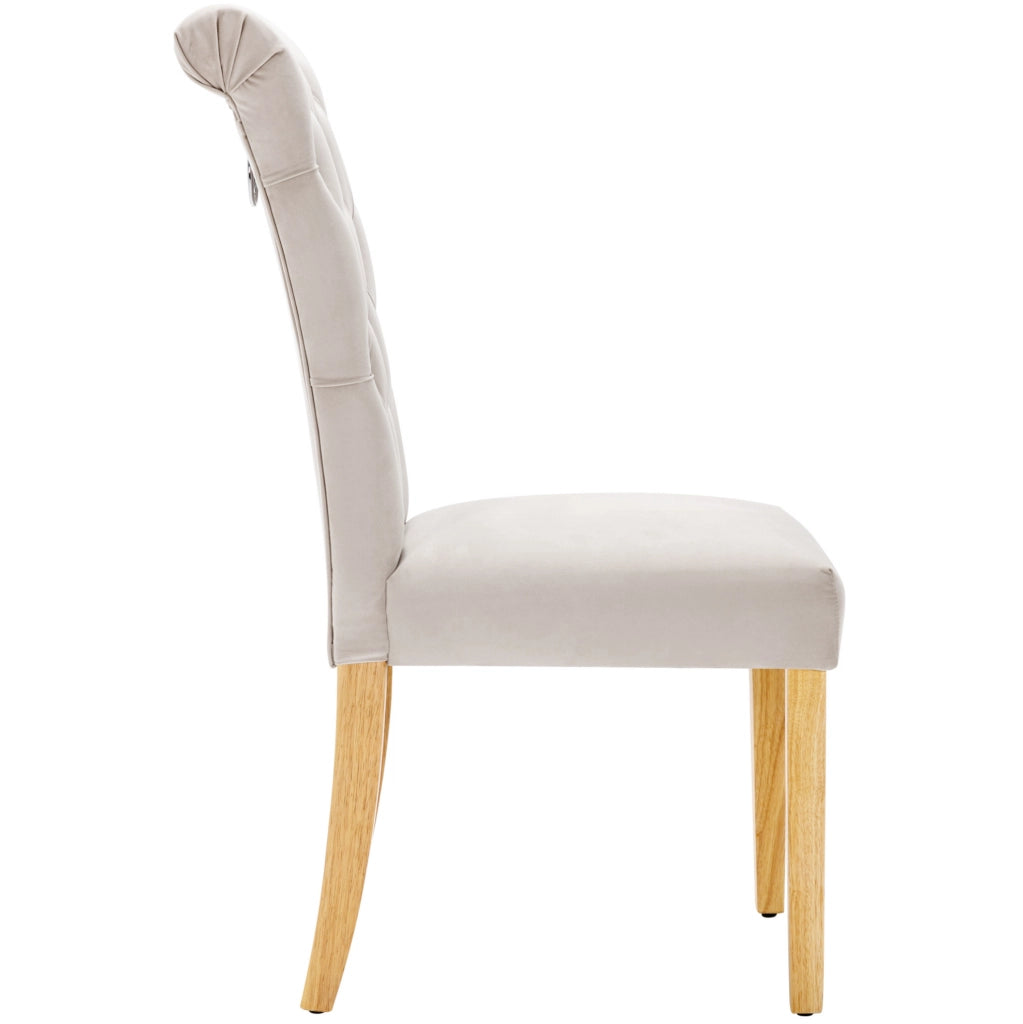 Set di 6 sedie da pranzo in velluto beige con gambe in legno massello di quercia
