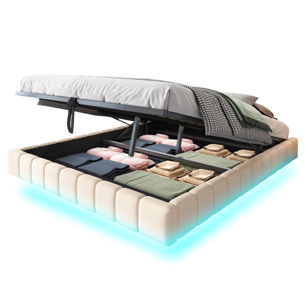 Letto imbottito sospeso 160x200 cm con contenitore, LED e struttura in metallo, Beige