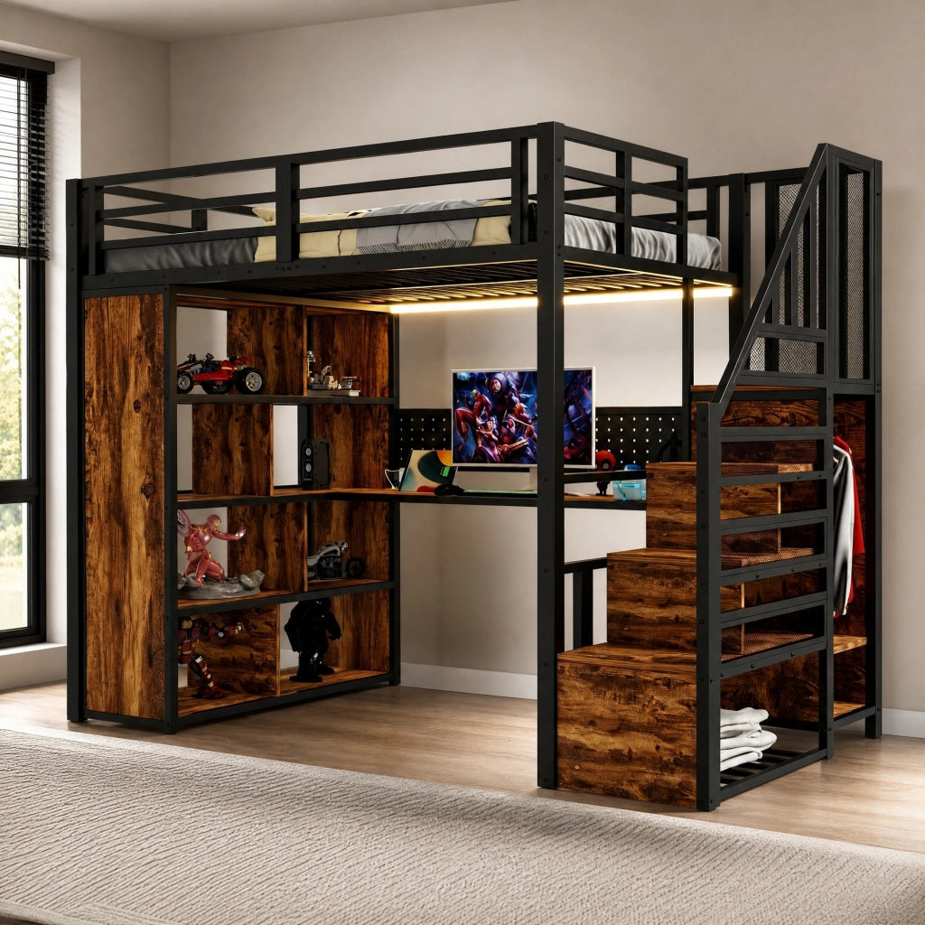Letto a soppalco 90 x 200 cm con scrivania; armadio; scala contenitore e LED; nero