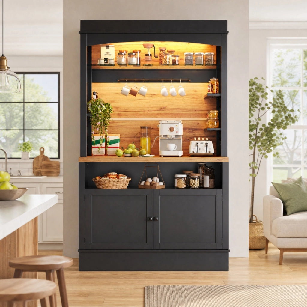 Mobile colonna da cucina con LED USB; due ante; 6 ganci e ripiano aperto in MDF nero 107 × 43 × 184 cm