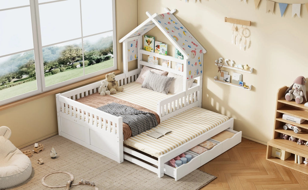 Letto a piattaforma in legno forma casa 140x200 cm, bianco, con letto estraibile, 3 cassetti e sponde di sicurezza