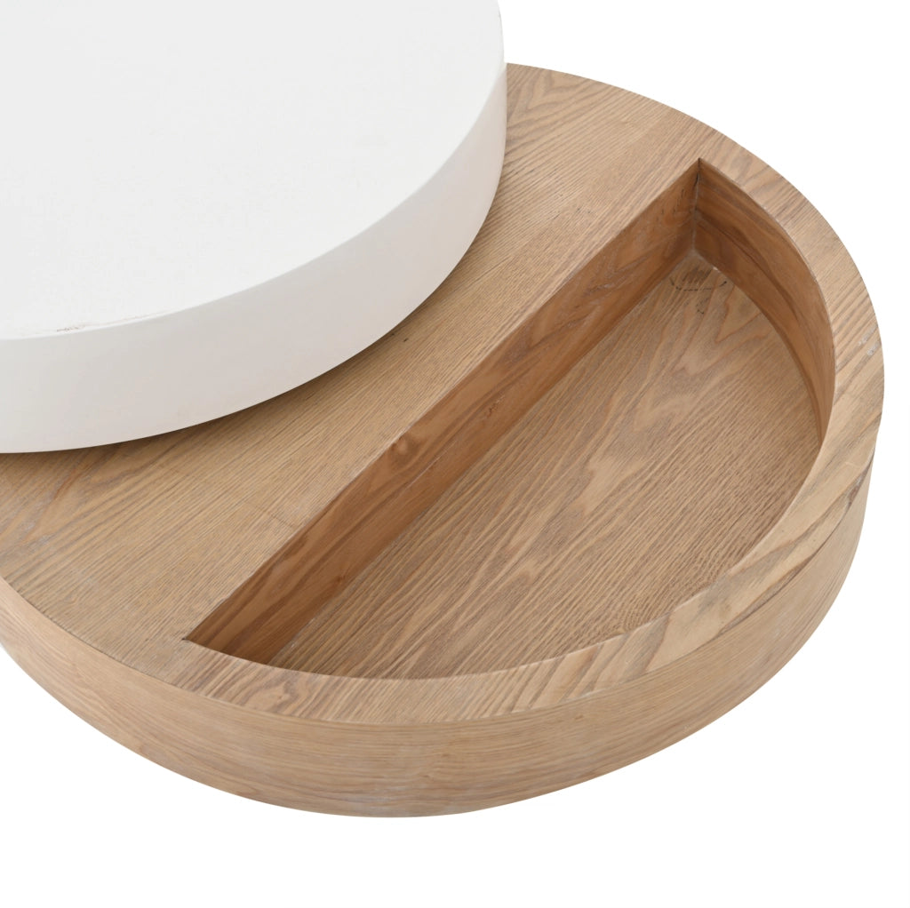 Tavolino da salotto rotondo girevole 360° 60x60 cm con vano contenitore bianco e legno naturale HOMVRA