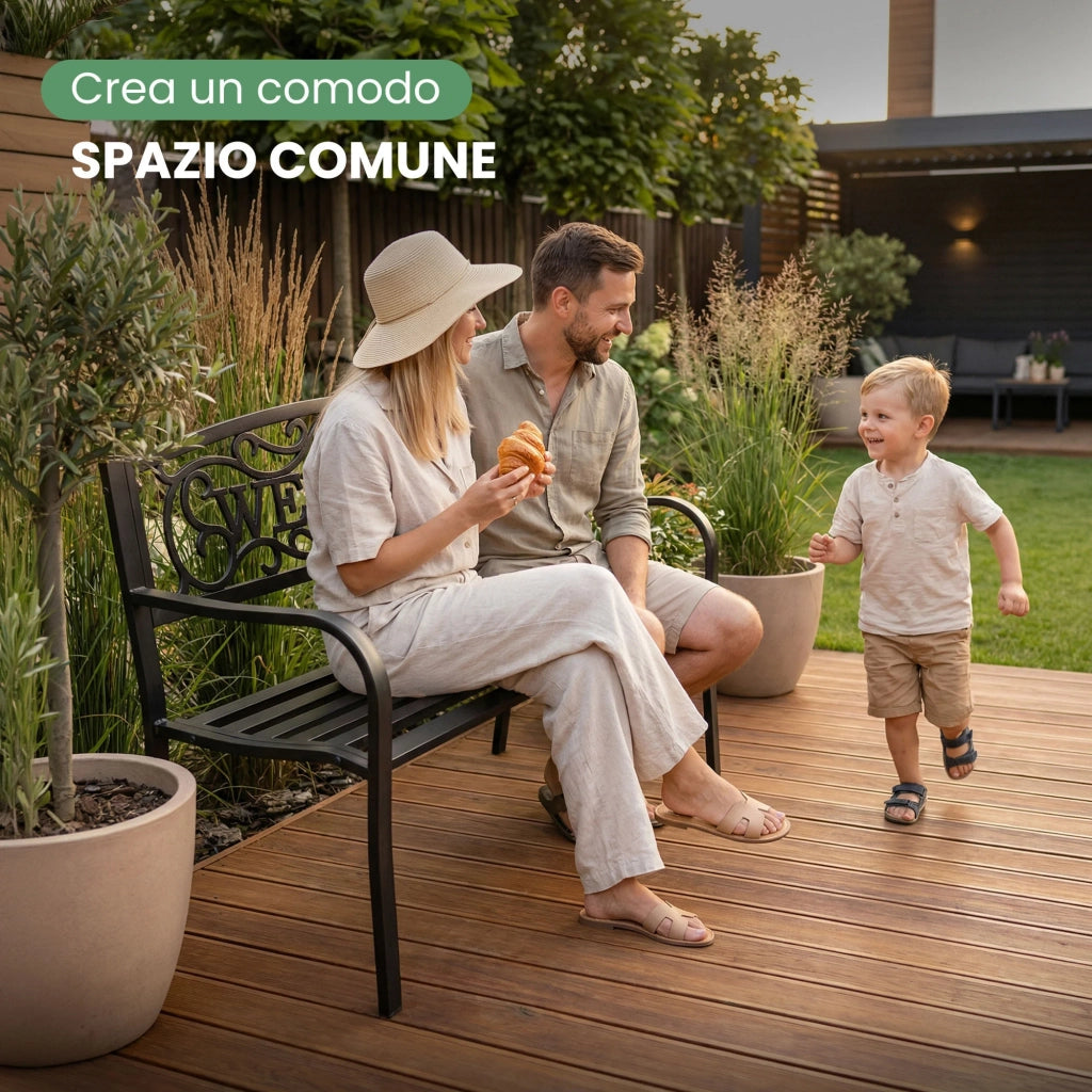 Panchina da giardino nera IRYS con gambe in acciaio e schienale in ghisa larghezza 127 cm