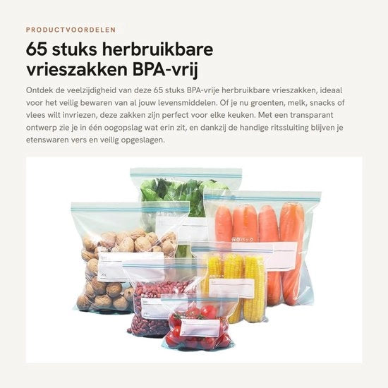 Set di sacchetti trasparenti per alimenti, 65 pezzi, BPA-free, riutilizzabili, per congelatore