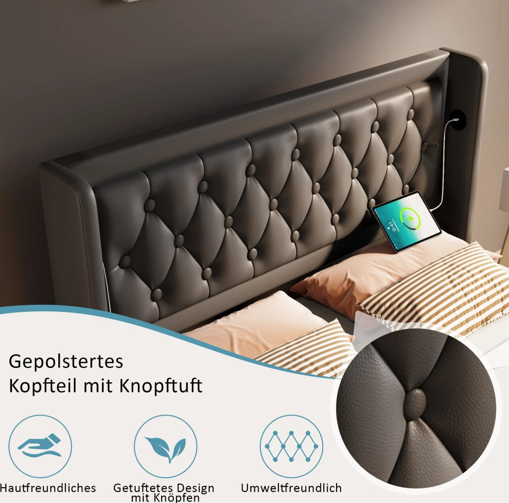 Letto matrimoniale 180x200 cm con contenitore; LED e USB-C; struttura in PU nero