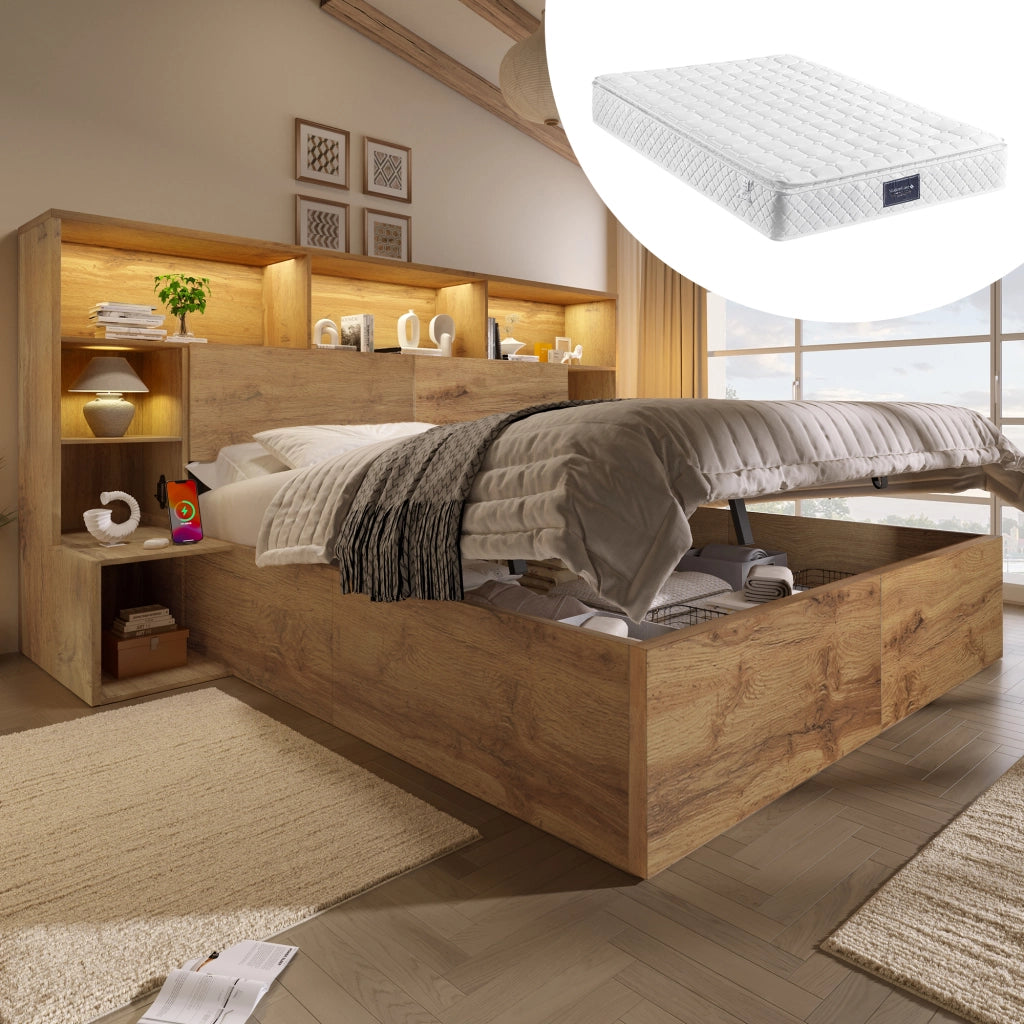 Letto matrimoniale 160x200 cm con materasso; LED; USB-A e USB-C; vano contenitore idraulico; rovere