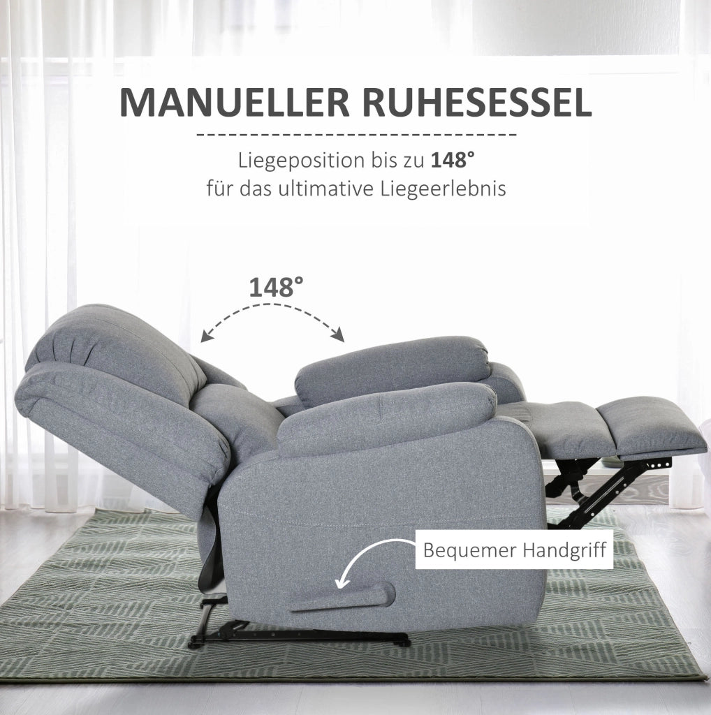Poltrona relax con funzione lettino e tasca laterale, poliestere effetto lino grigio, 90 x 96 x 98 cm