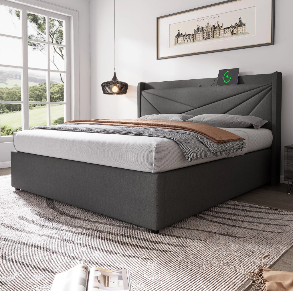 Letto matrimoniale 160x200 cm con contenitore; USB e USB-C; cotone e lino grigio