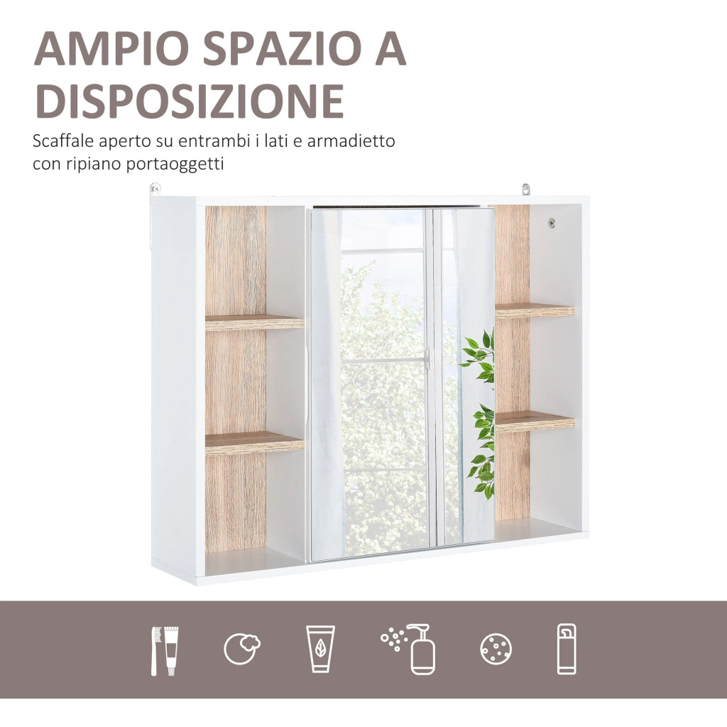 Armadietto con Specchio in MDF e Truciolato con 3 Ripiani Laterali e Ripiano Regolabile Interno, 60x14.5x49.4 cm