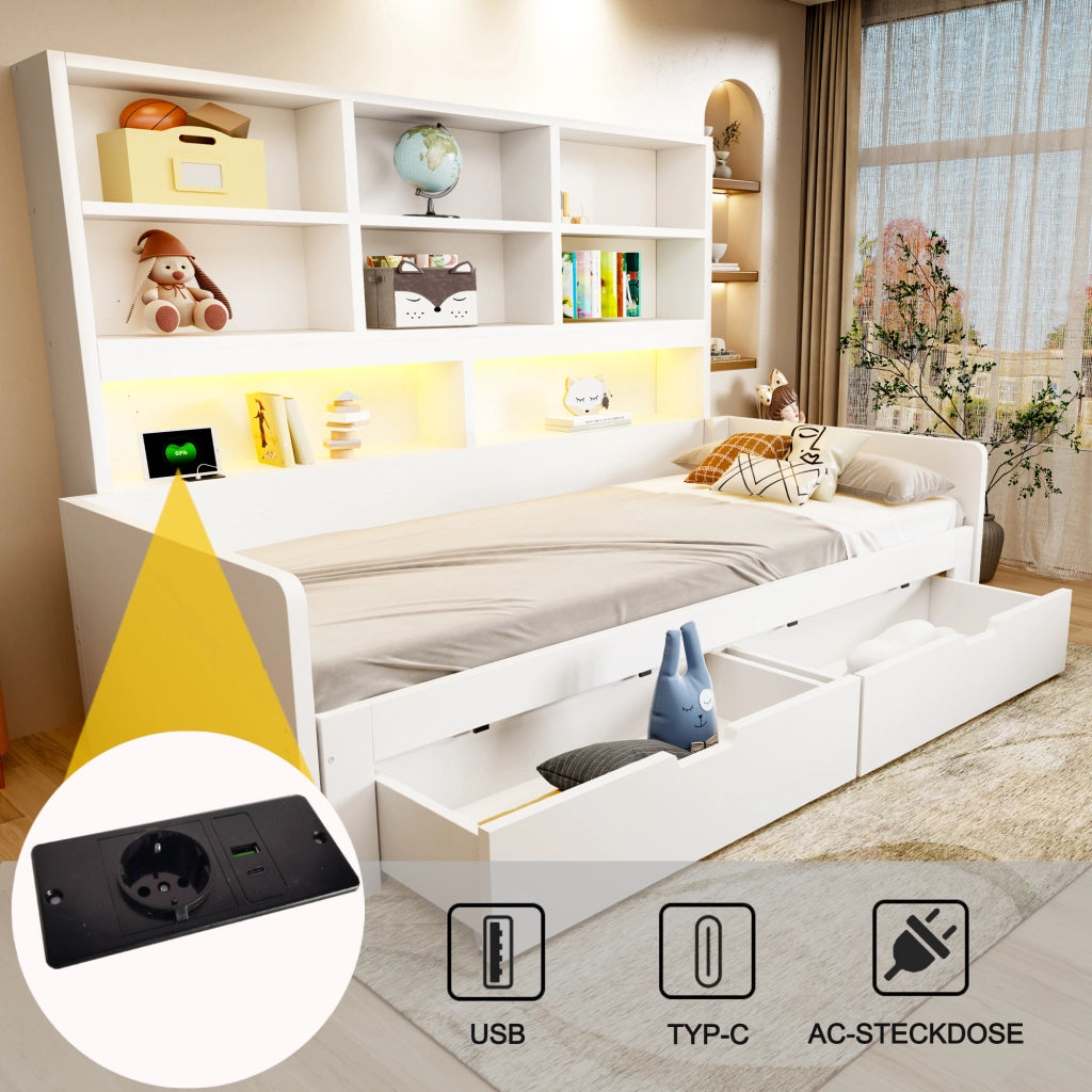 Letto divano estraibile 90×200 e 180×200 cm, 1-2 posti con 2 cassetti, LED e prese, senza materasso, MDF bianco