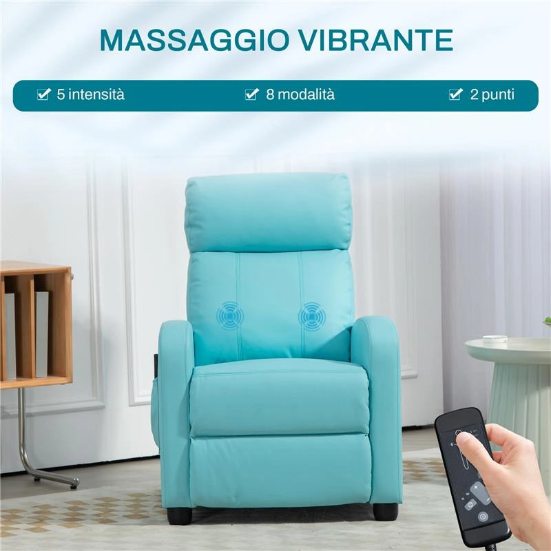 POLTRONA RELAX MASSAGGIANTE CON TELECOMANDO E 8 PROGRAMMI, RECLINAZIONE E POGGIAPIEDI, AZZURRO