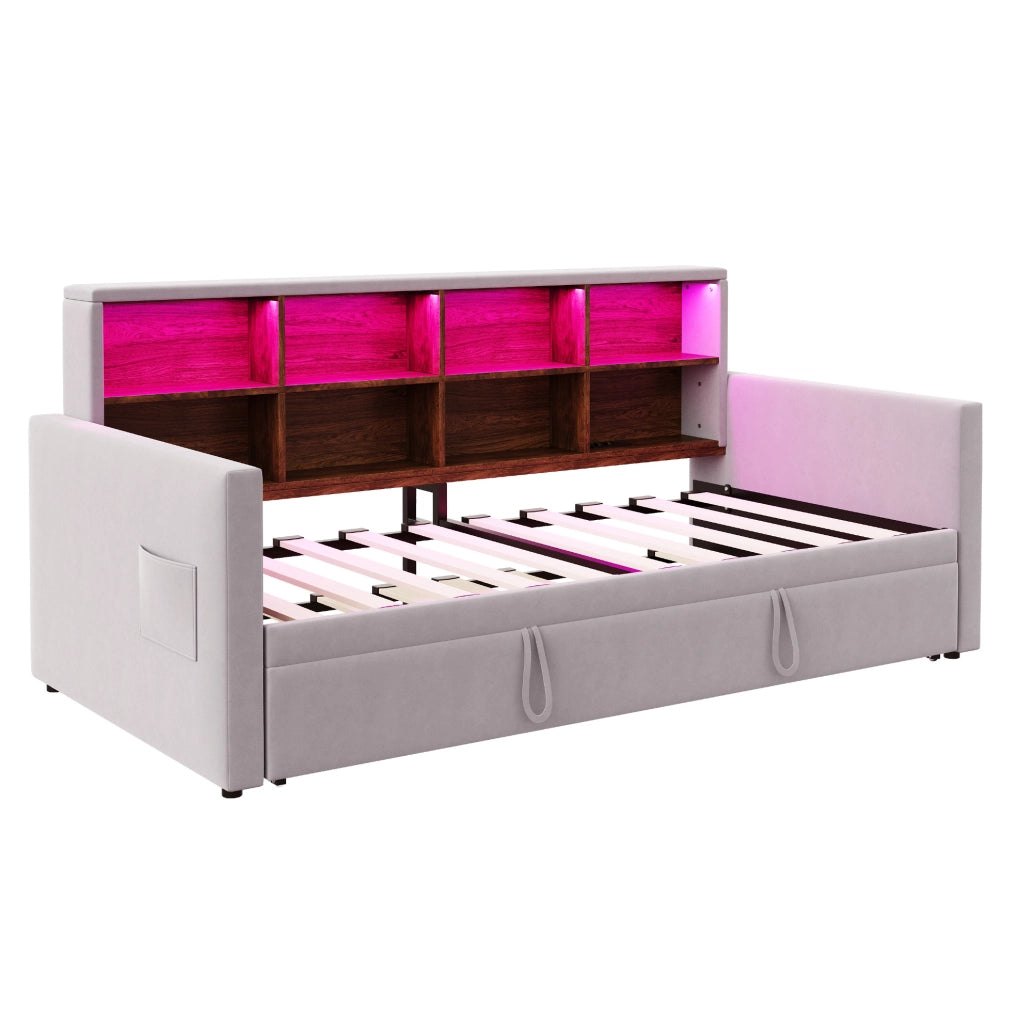 Letto singolo imbottito estraibile 90x190 cm in velluto grigio chiaro con LED e prese HOMVRA